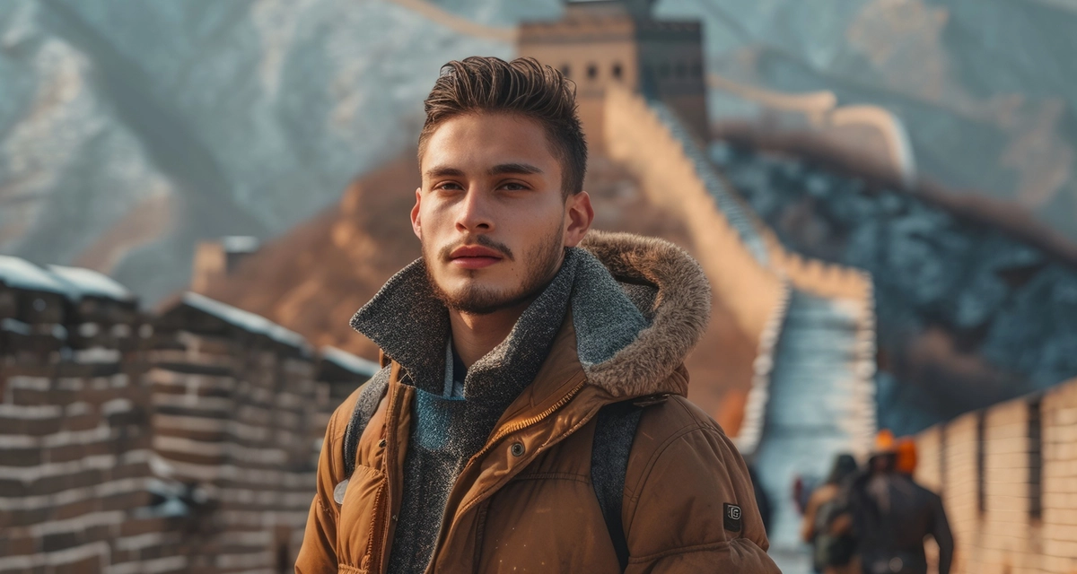 Young man in a brown jacket standing in front of the Great Wall of China.